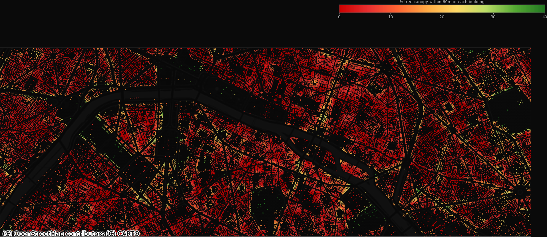Central Paris — building-level canopy coverage. Red = exposed, green = adequate shade.